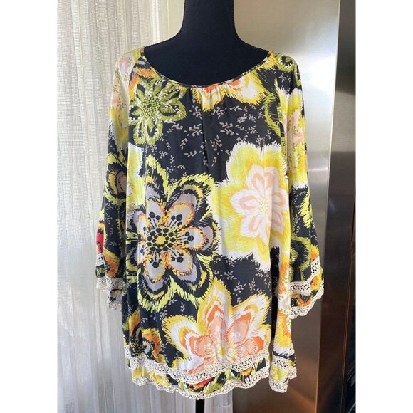Vintage 80s oversized blouse, black, yellow, lime green flowers, bell sleeves - Picture 2 of 9